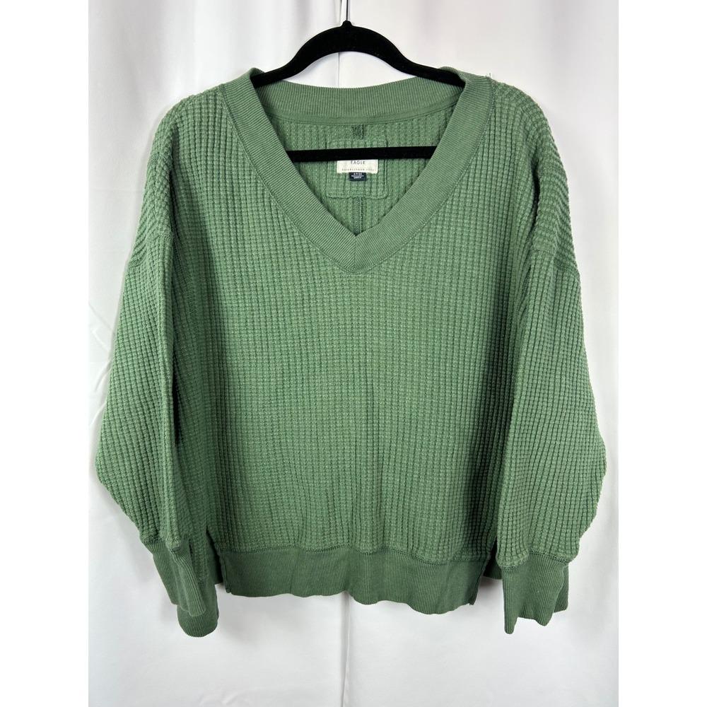 American Eagle Green Waffle‎ Knit V-Neck Thermal Sweater Oversized Boho Small